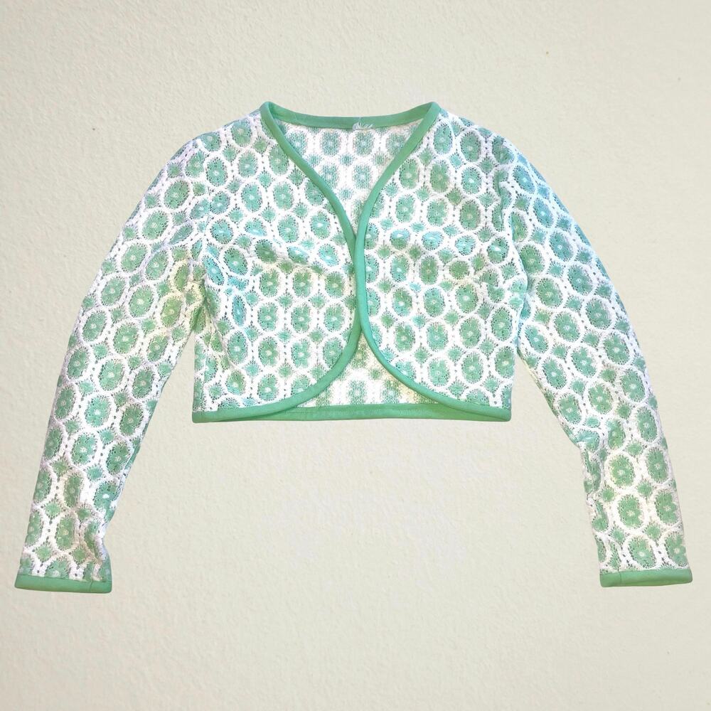 Vintage 1960s white teal crochet lace open cardigan bolero shrug, retro coquette